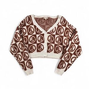 LA Hearts Peace Sign Cropped Cardigan Womens M Brown Cream Boho Hippie Knit